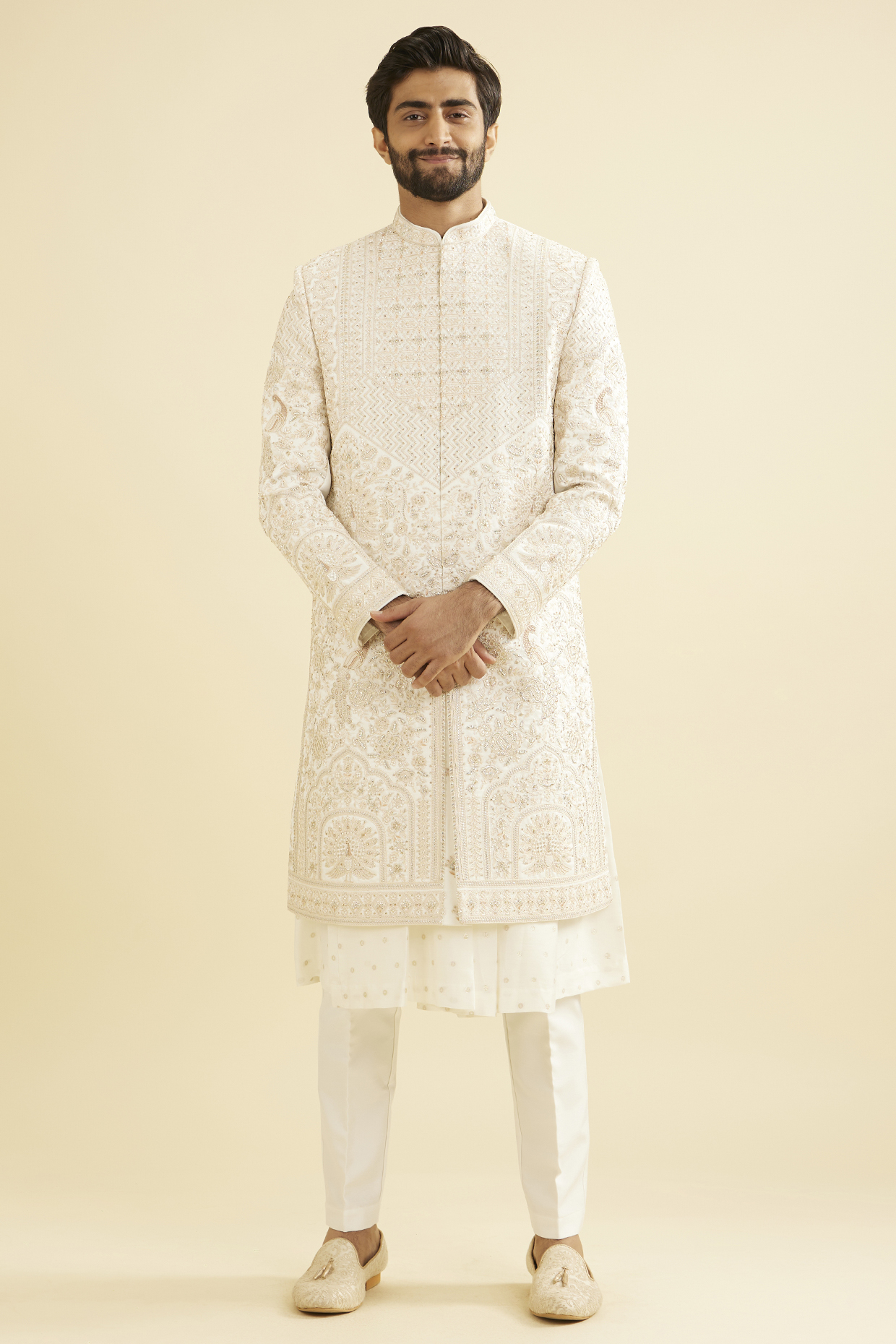 Cream Beige Satin Zari Embroidered Sherwani Set by Manyavar