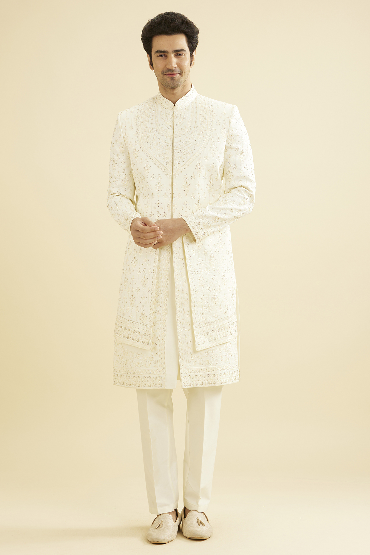 Cream Art Silk Sequins Embroidered Sherwani Set by Manyavar