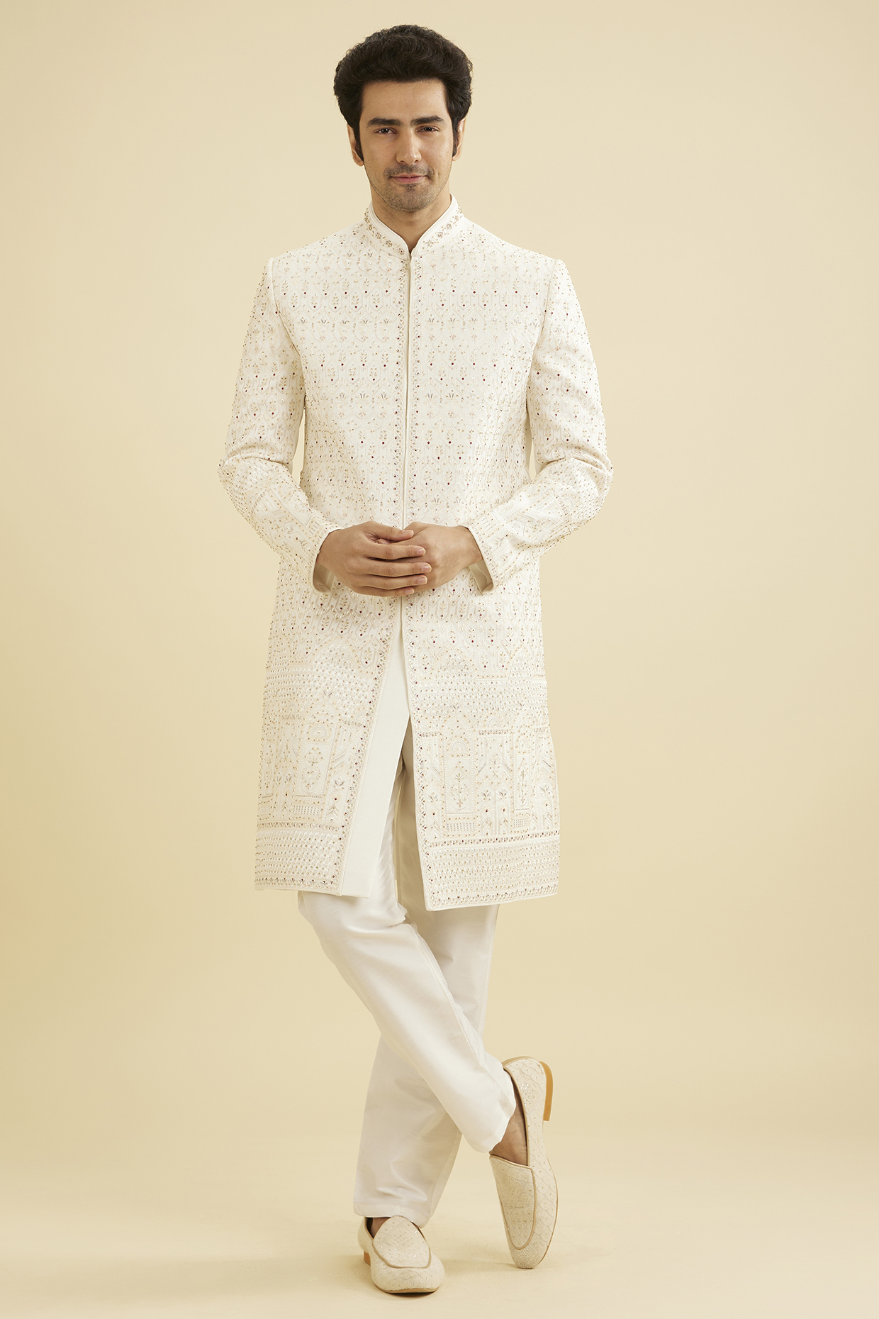Warm White Art Silk Bead Embroidered Sherwani Set by Manyavar