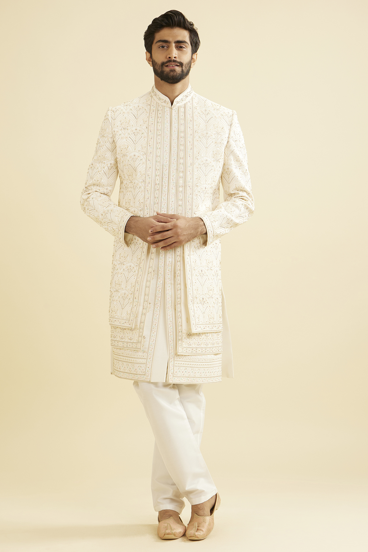 Cream Art Silk Sequins Embroidered Sherwani Set by Manyavar