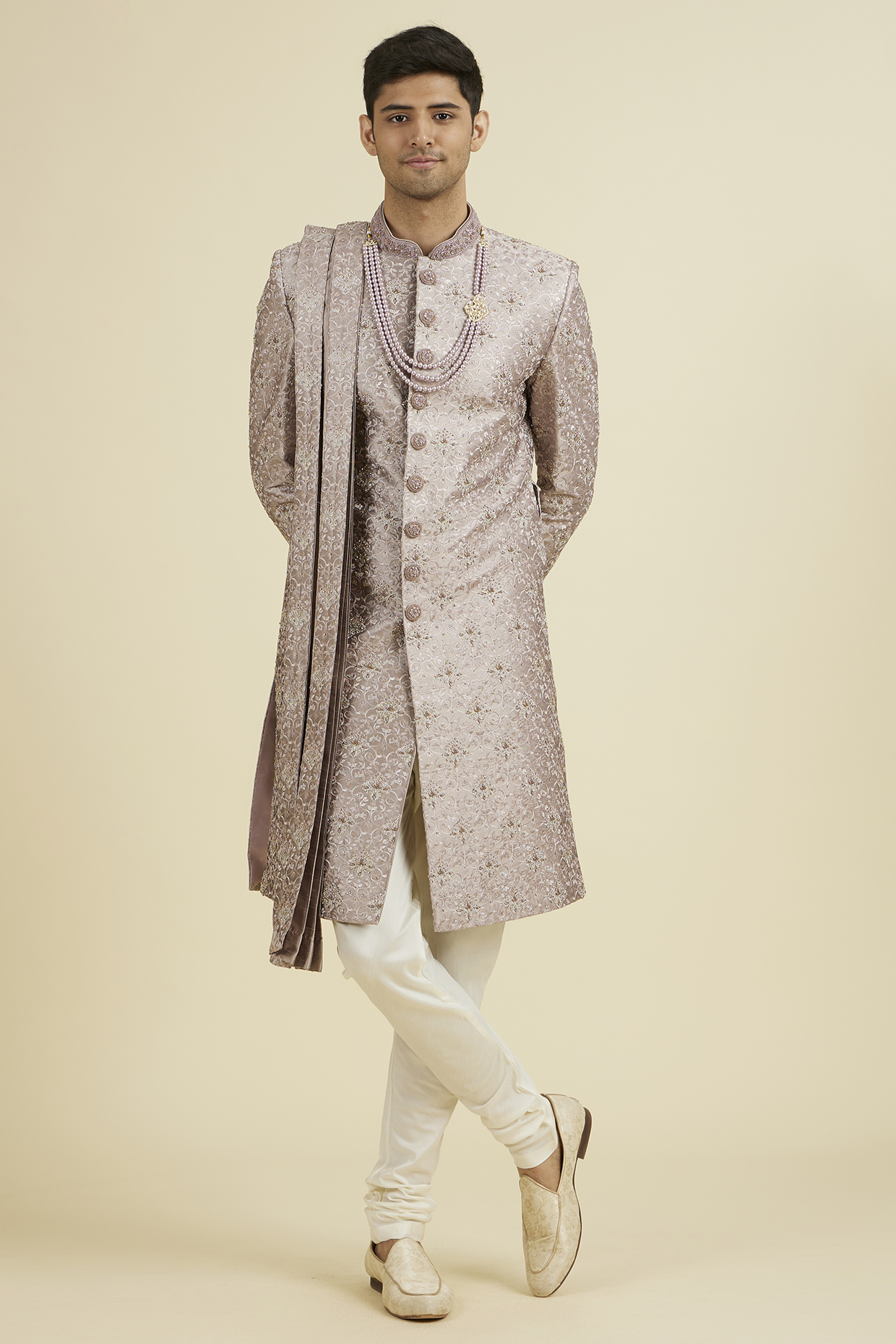 Lilac Art Silk Sequins Embroidered Sherwani Set by Manyavar