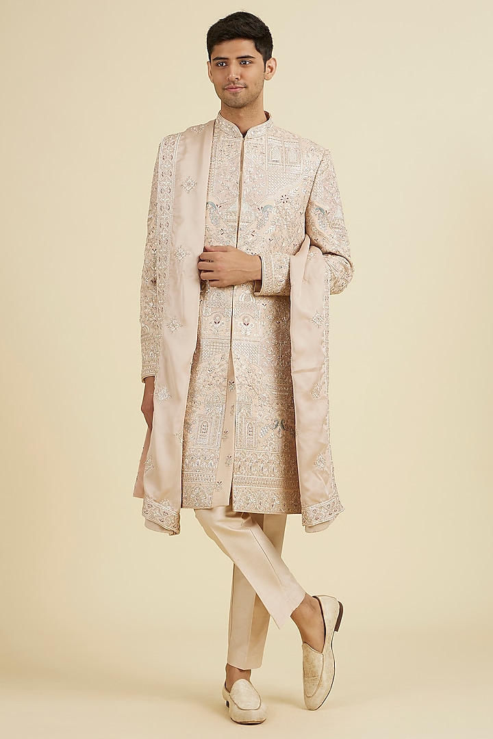 Sunset Peach Art Silk Sequins Embroidered Sherwani Set by Manyavar