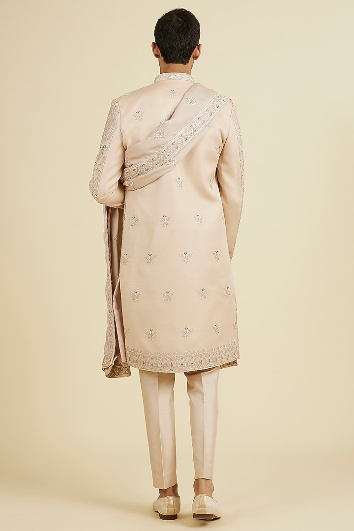 Sunset Peach Art Silk Sequins Embroidered Wedding Sherwani Set by Manyavar at Pernia's Pop Up Shop
