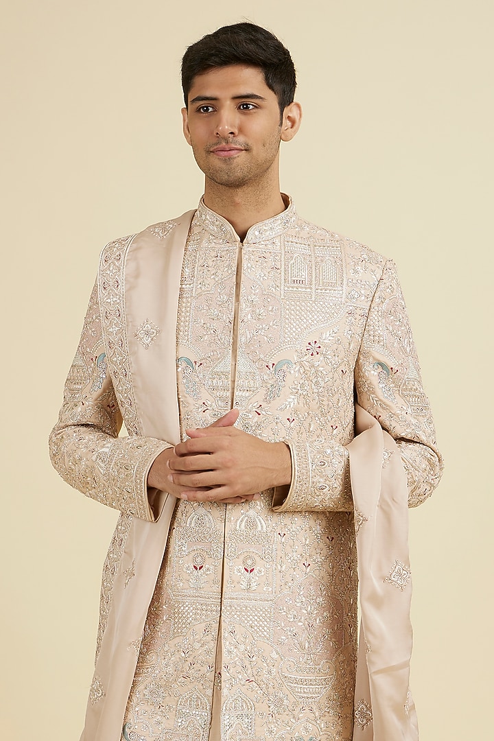 Sunset Peach Art Silk Sequins Embroidered Wedding Sherwani Set by Manyavar at Pernia's Pop Up Shop