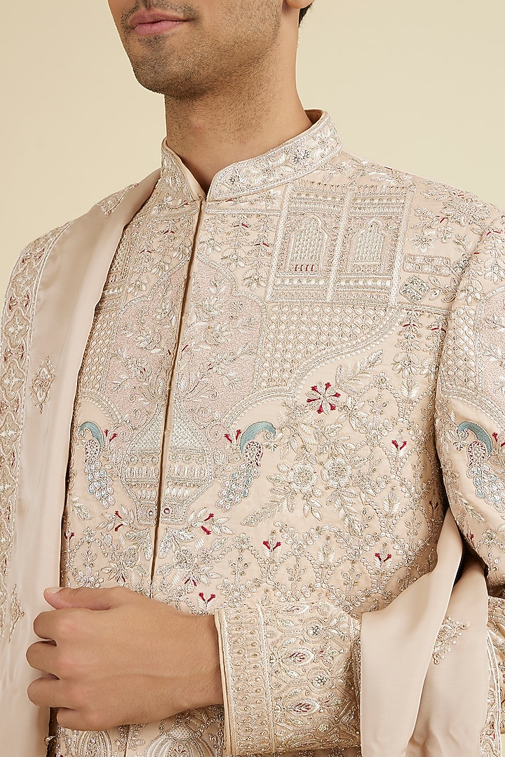 Sunset Peach Art Silk Sequins Embroidered Wedding Sherwani Set by Manyavar at Pernia's Pop Up Shop