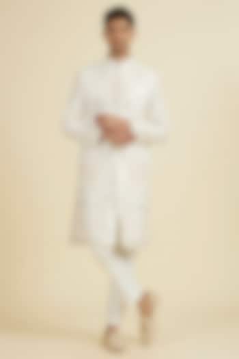 Warm White Art Silk Sequins Embroidered Sherwani Set by Manyavar