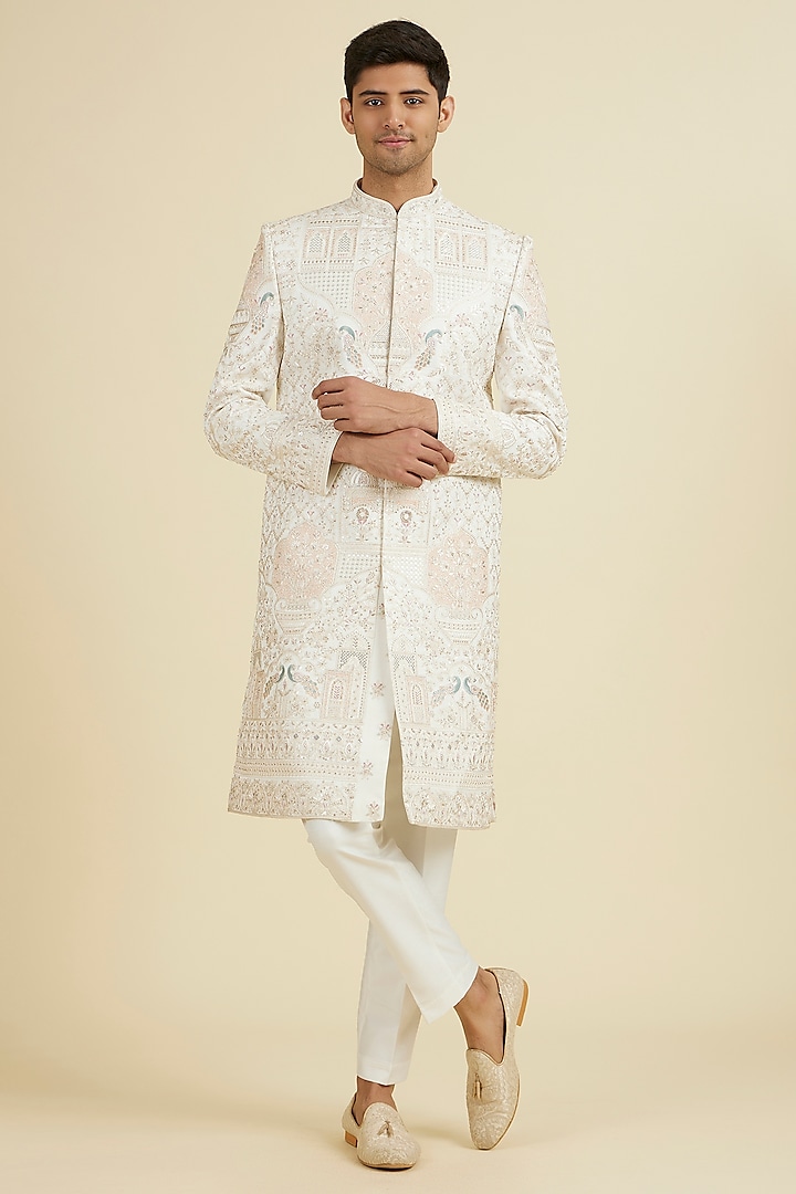 Warm White Art Silk Sequins Embroidered Sherwani Set by Manyavar