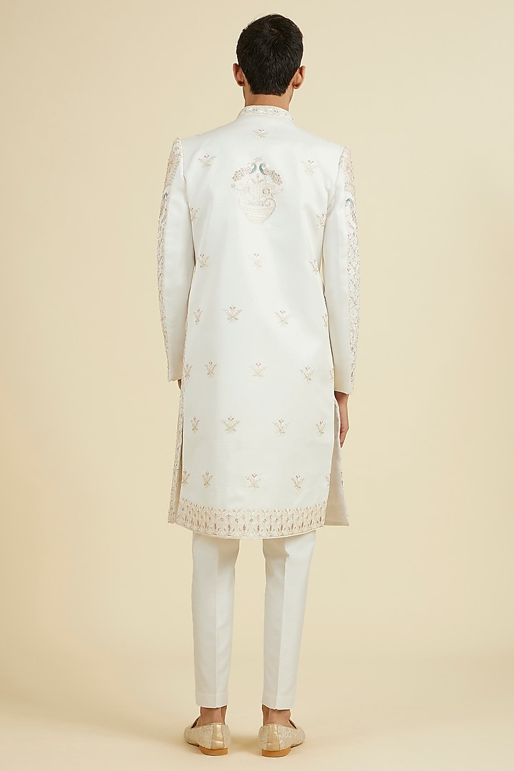 Warm White Art Silk Sequins Embroidered Wedding Sherwani Set by Manyavar at Pernia's Pop Up Shop