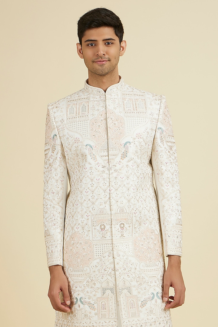 Warm White Art Silk Sequins Embroidered Wedding Sherwani Set by Manyavar at Pernia's Pop Up Shop