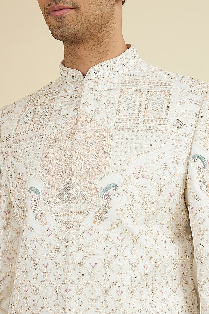 Warm White Art Silk Sequins Embroidered Wedding Sherwani Set by Manyavar at Pernia's Pop Up Shop