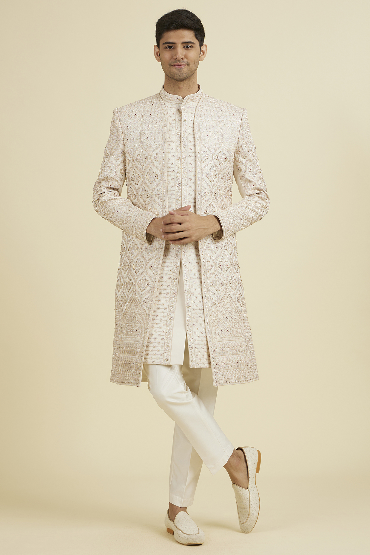 Beige Art Silk Sequins Embroidered Sherwani Set by Manyavar