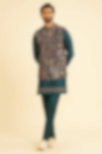 Teal Blue Art Silk Sequins Embroidered Indowestern Set by Manyavar at Pernia's Pop Up Shop