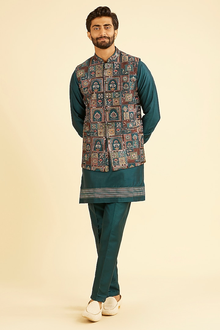 Teal Blue Art Silk Sequins Embroidered Indowestern Set by Manyavar at Pernia's Pop Up Shop