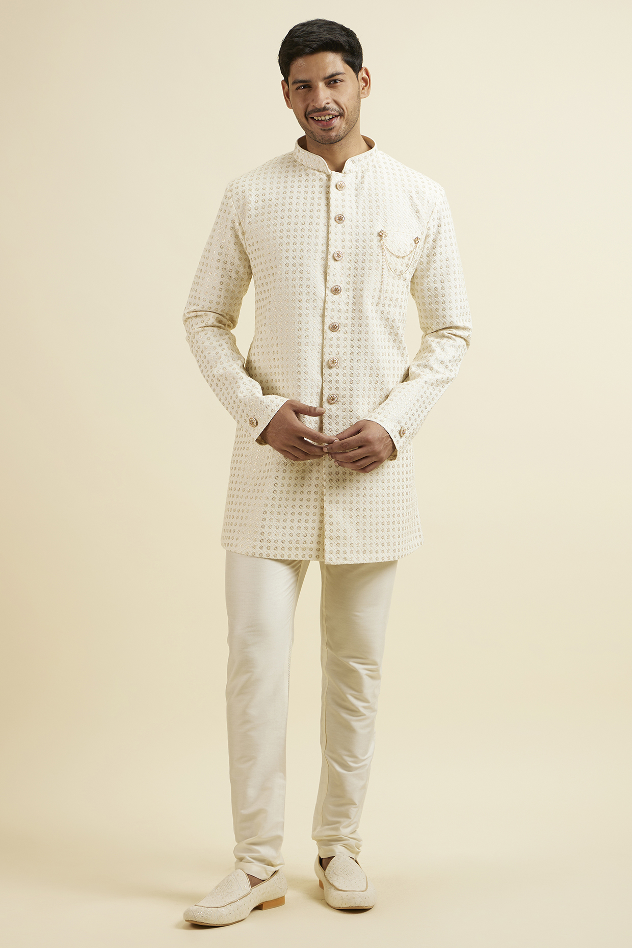 Cream Georgette Sequins Embroidered Kurta Set by Manyavar