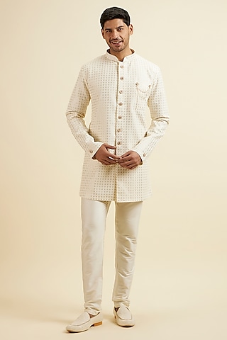 Cream Georgette Sequins Embroidered Kurta Set by Manyavar