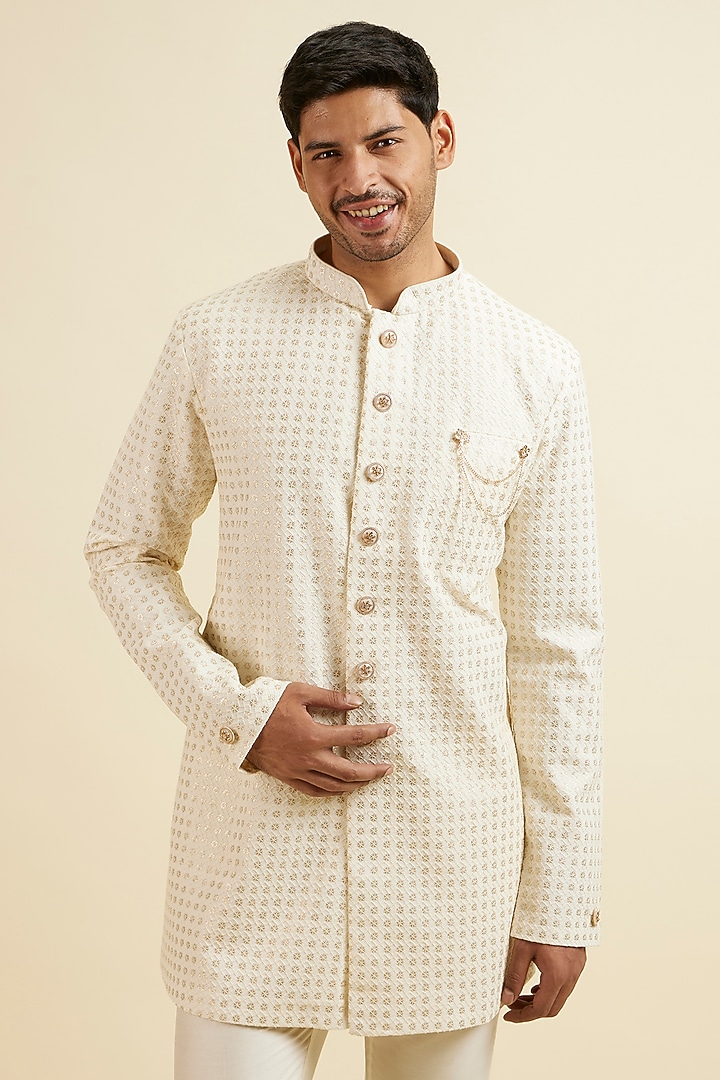 Cream Georgette Sequins Embroidered Kurta Set by Manyavar at Pernia's Pop Up Shop