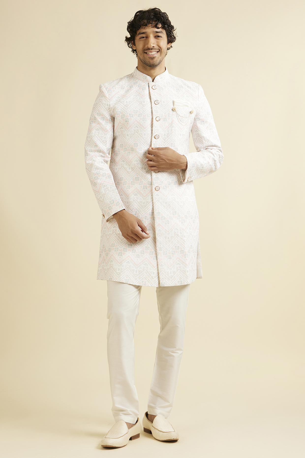 White Art Silk Sequins Embroidered Kurta Set by Manyavar