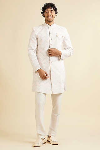 White Art Silk Sequins Embroidered Kurta Set by Manyavar