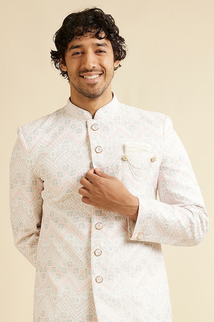 White Art Silk Sequins Embroidered Kurta Set by Manyavar at Pernia's Pop Up Shop