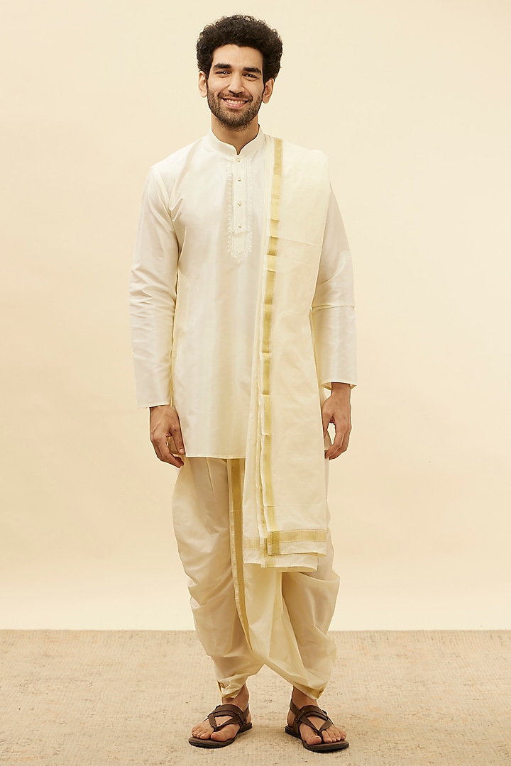 Warm White Silk & Art Silk Embroidered Kurta Set by Manyavar at Pernia's Pop Up Shop