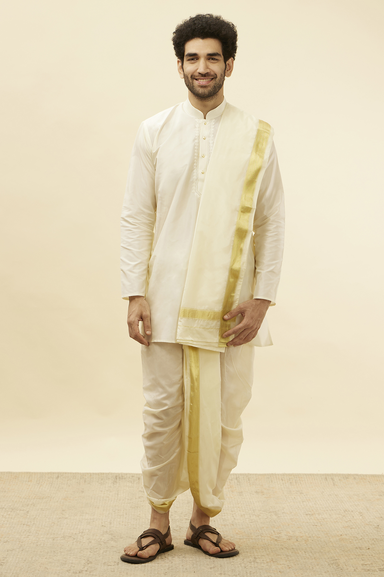 Cream Silk & Art Silk Embroidered Kurta Set by Manyavar