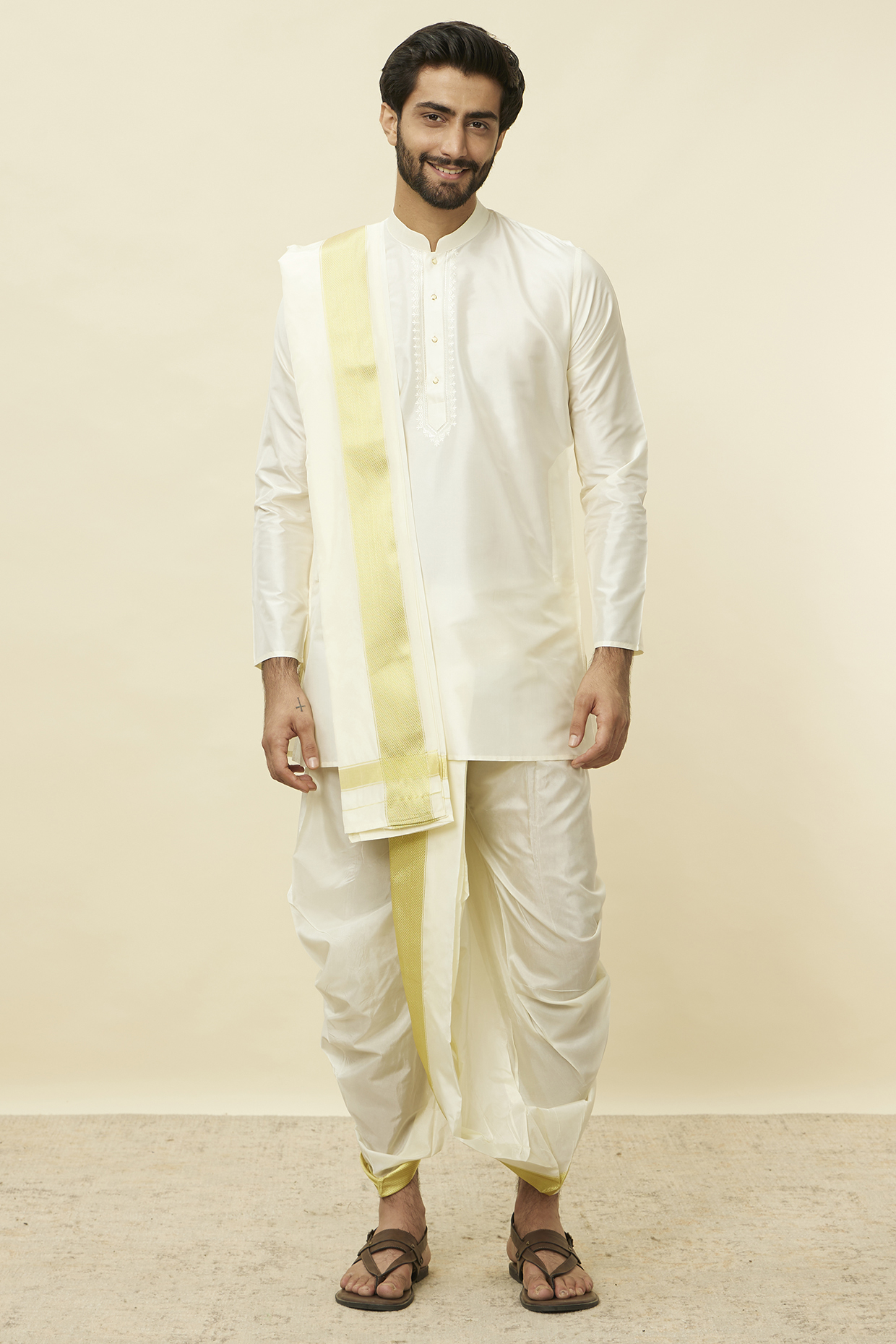 Cream Silk & Art Silk Embroidered Kurta Set by Manyavar