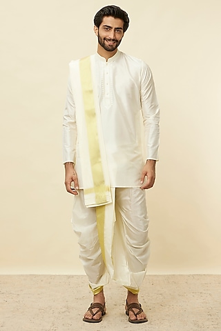 Cream Silk & Art Silk Embroidered Kurta Set by Manyavar