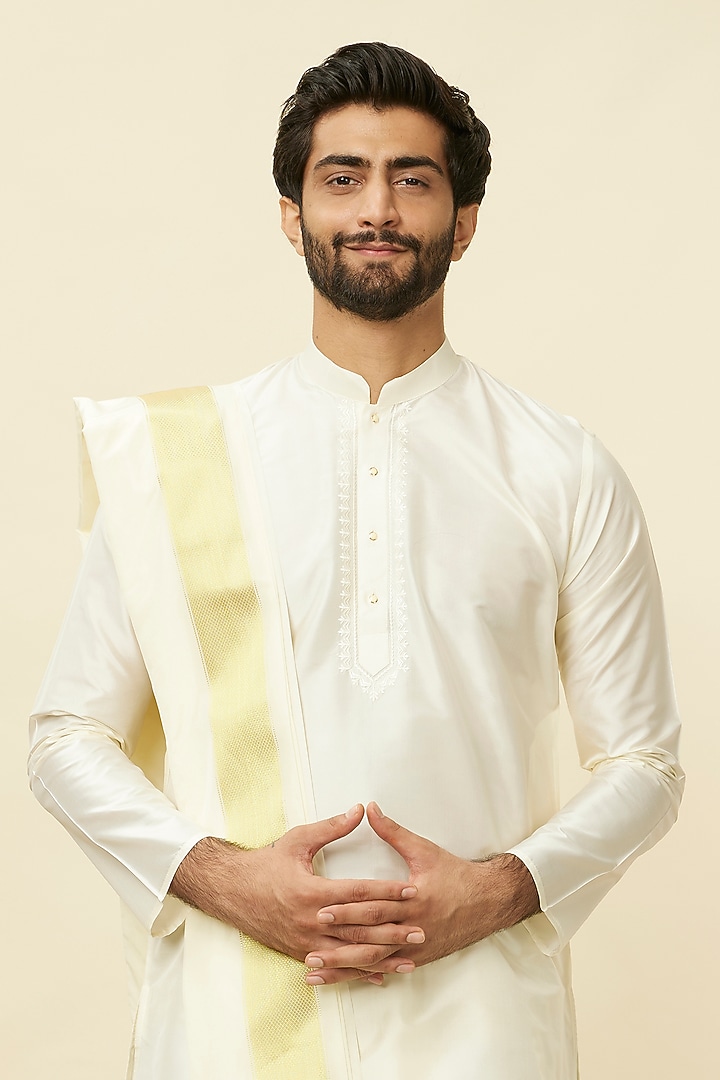 Cream Silk & Art Silk Embroidered Kurta Set by Manyavar at Pernia's Pop Up Shop