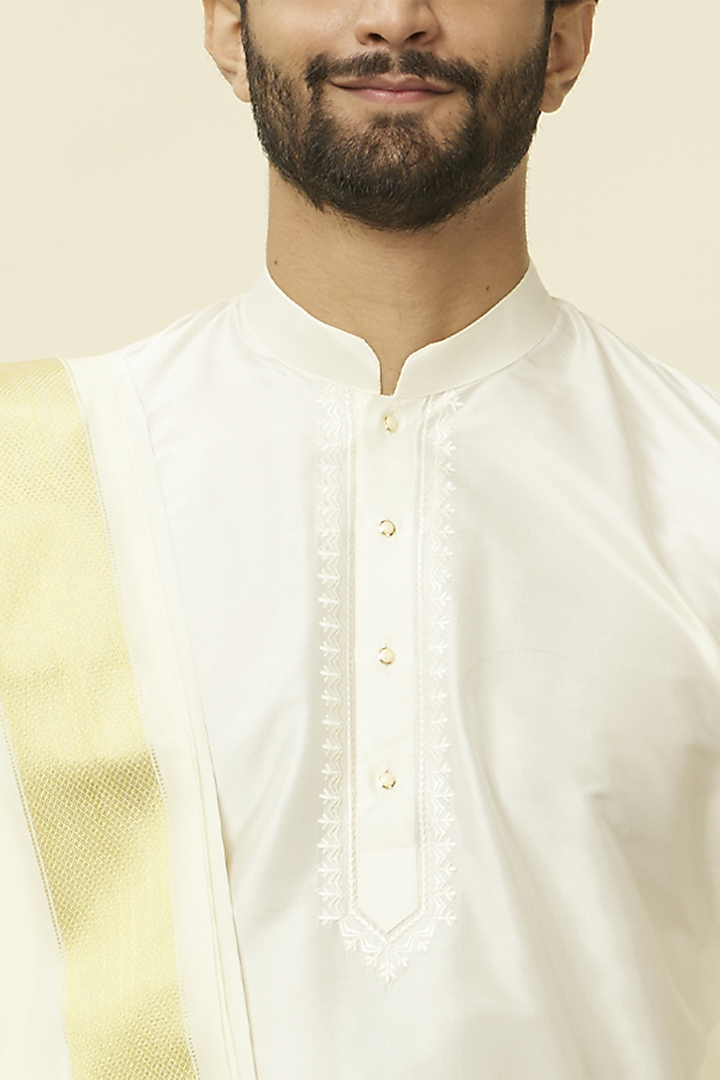 Cream Silk & Art Silk Embroidered Kurta Set by Manyavar at Pernia's Pop Up Shop