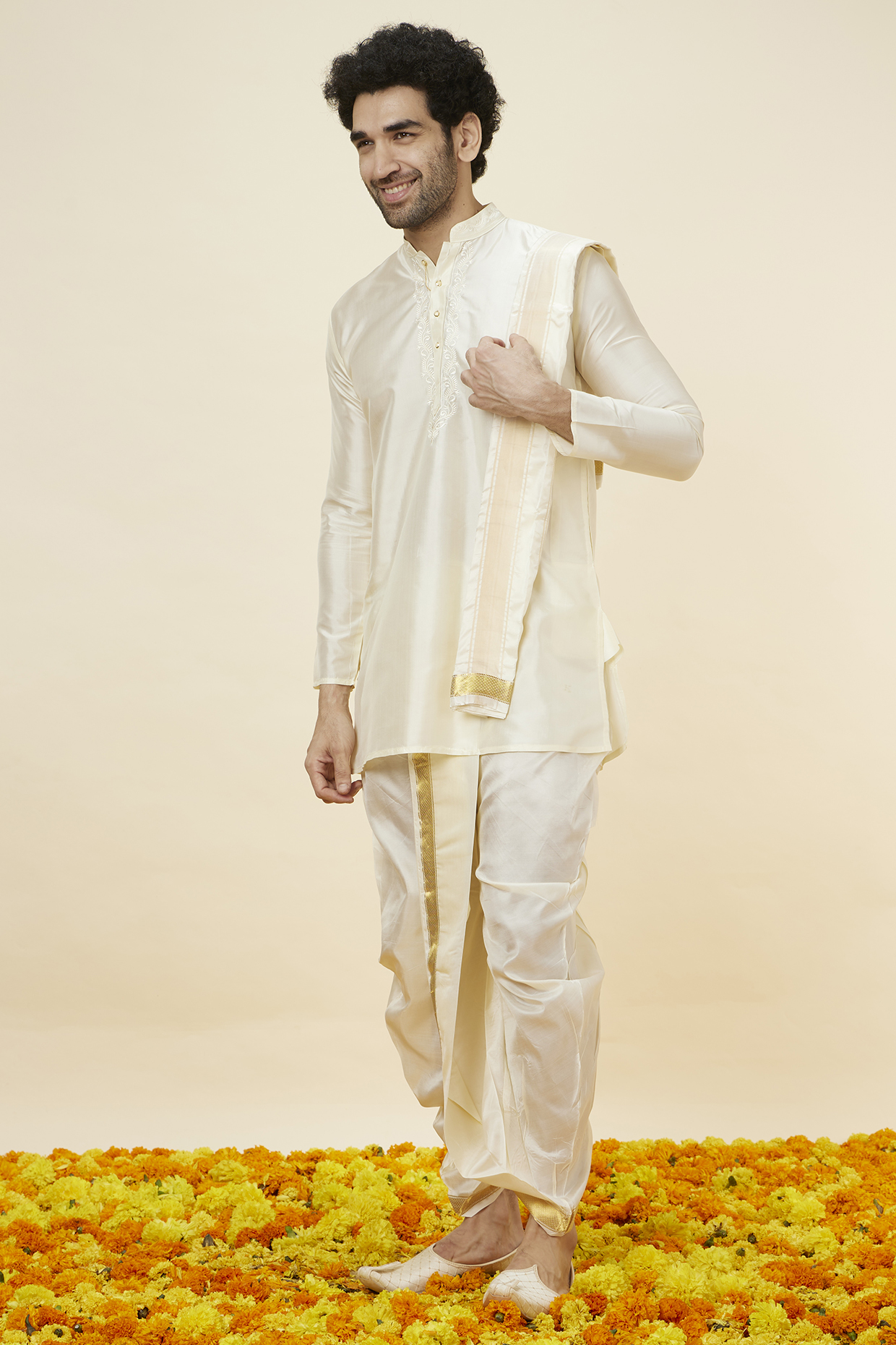 Ivory White Silk Embroidered Kurta Set by Manyavar