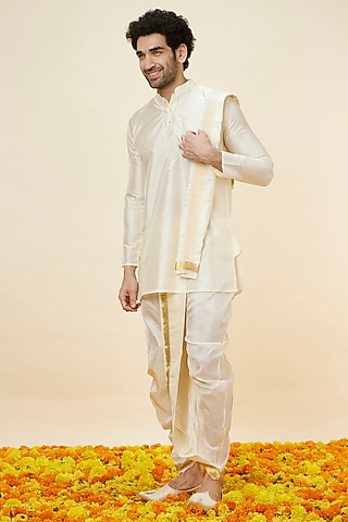 Ivory White Silk Embroidered Kurta Set by Manyavar
