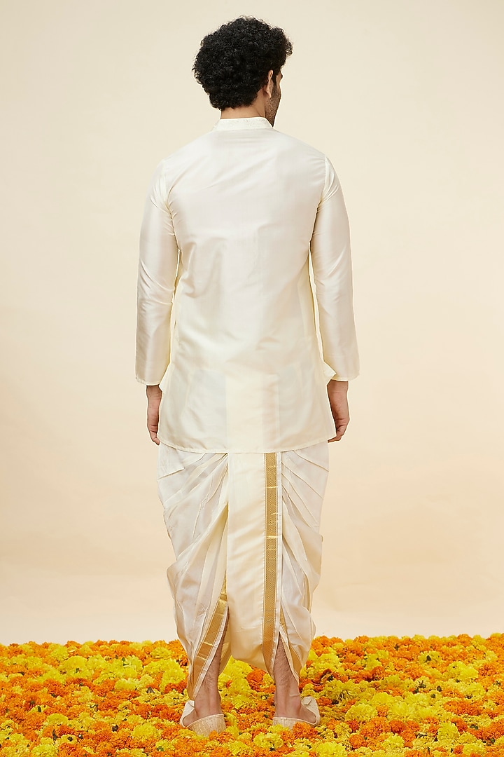 Ivory White Silk Embroidered Kurta Set by Manyavar at Pernia's Pop Up Shop