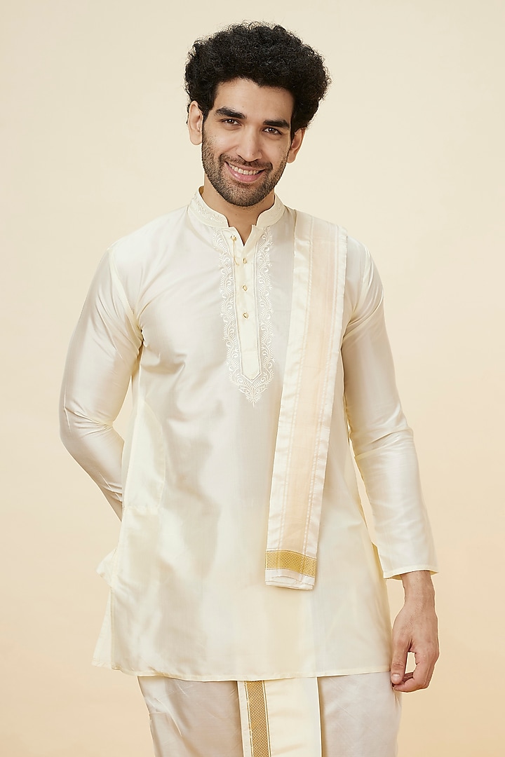 Ivory White Silk Embroidered Kurta Set by Manyavar at Pernia's Pop Up Shop