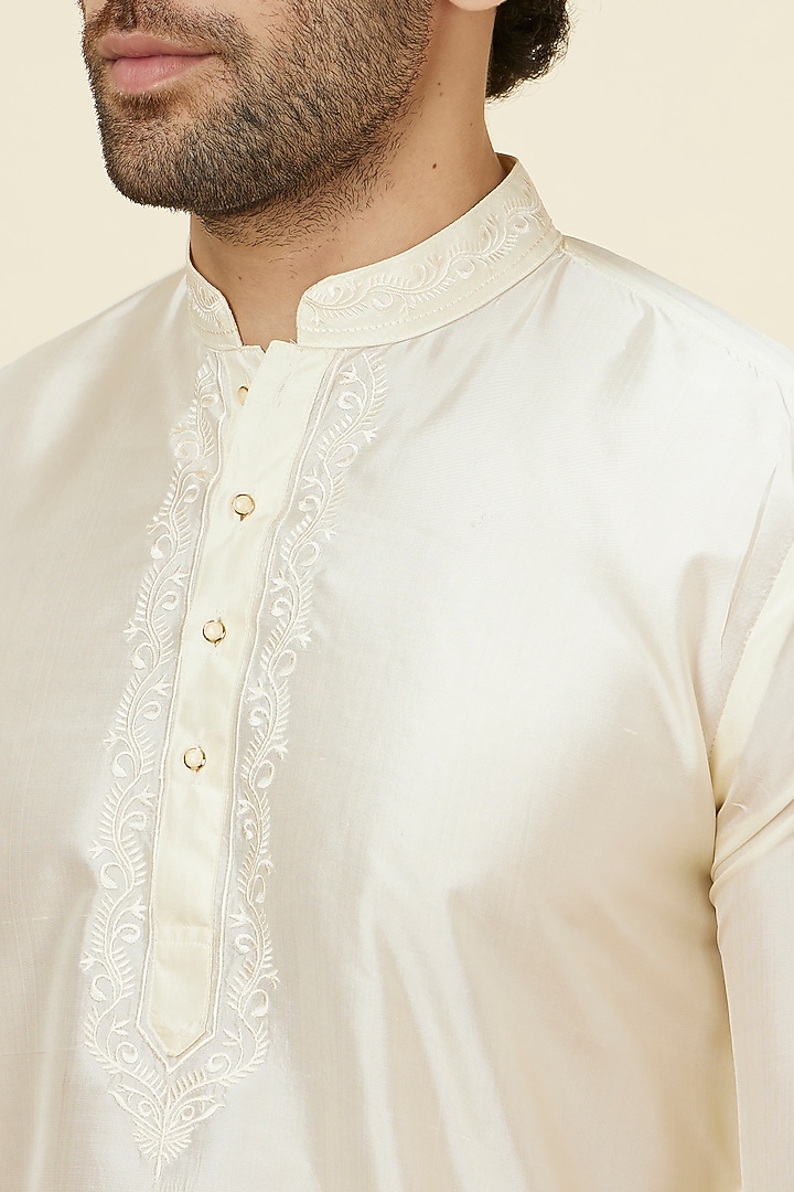 Ivory White Silk Embroidered Kurta Set by Manyavar at Pernia's Pop Up Shop