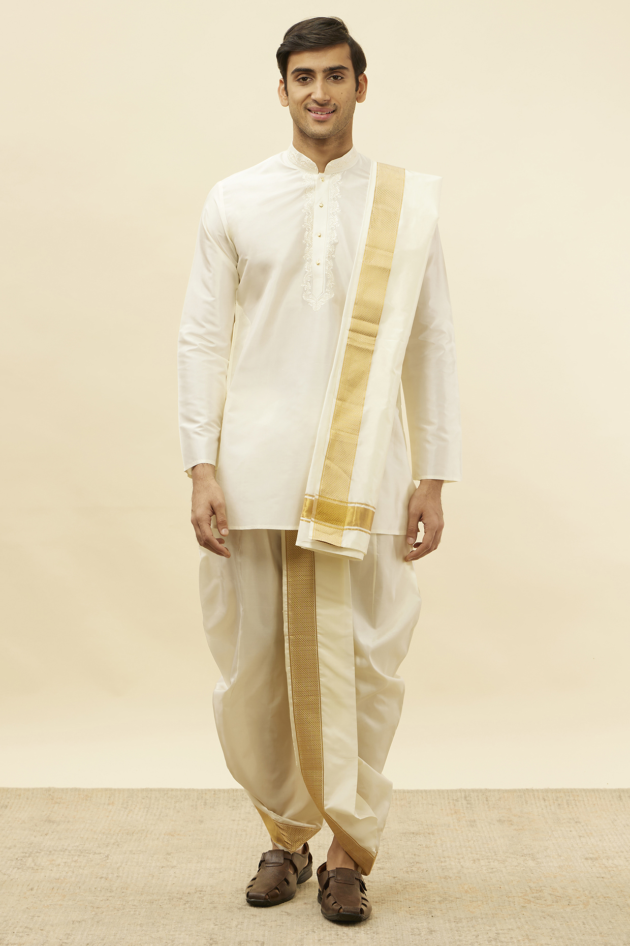 Cream Silk Embroidered Kurta Set by Manyavar