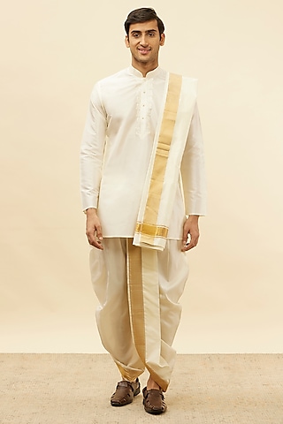 Cream Silk Embroidered Kurta Set by Manyavar