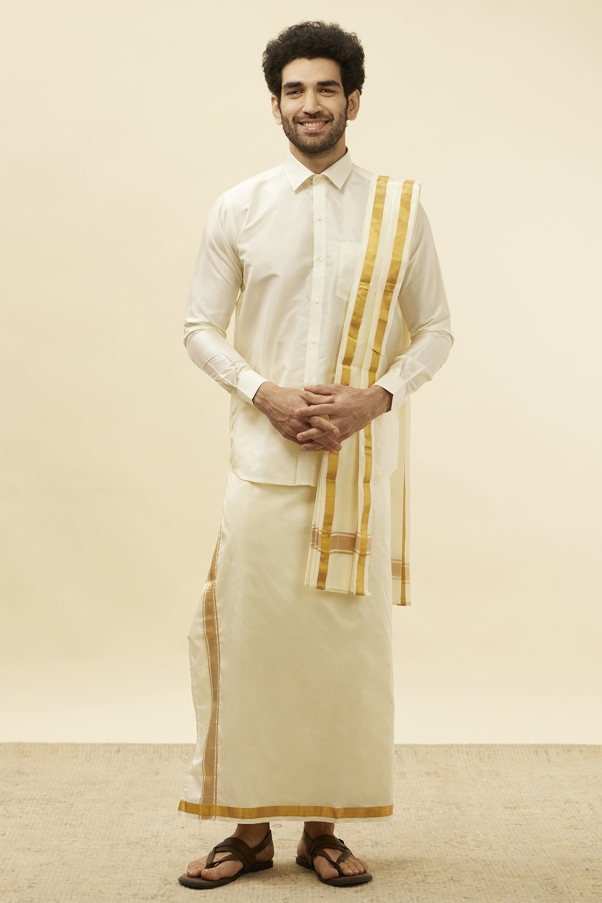 Cream Silk Veshti Set by Manyavar