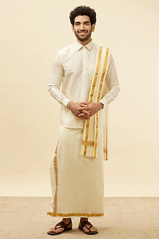 Cream Silk Veshti Set by Manyavar