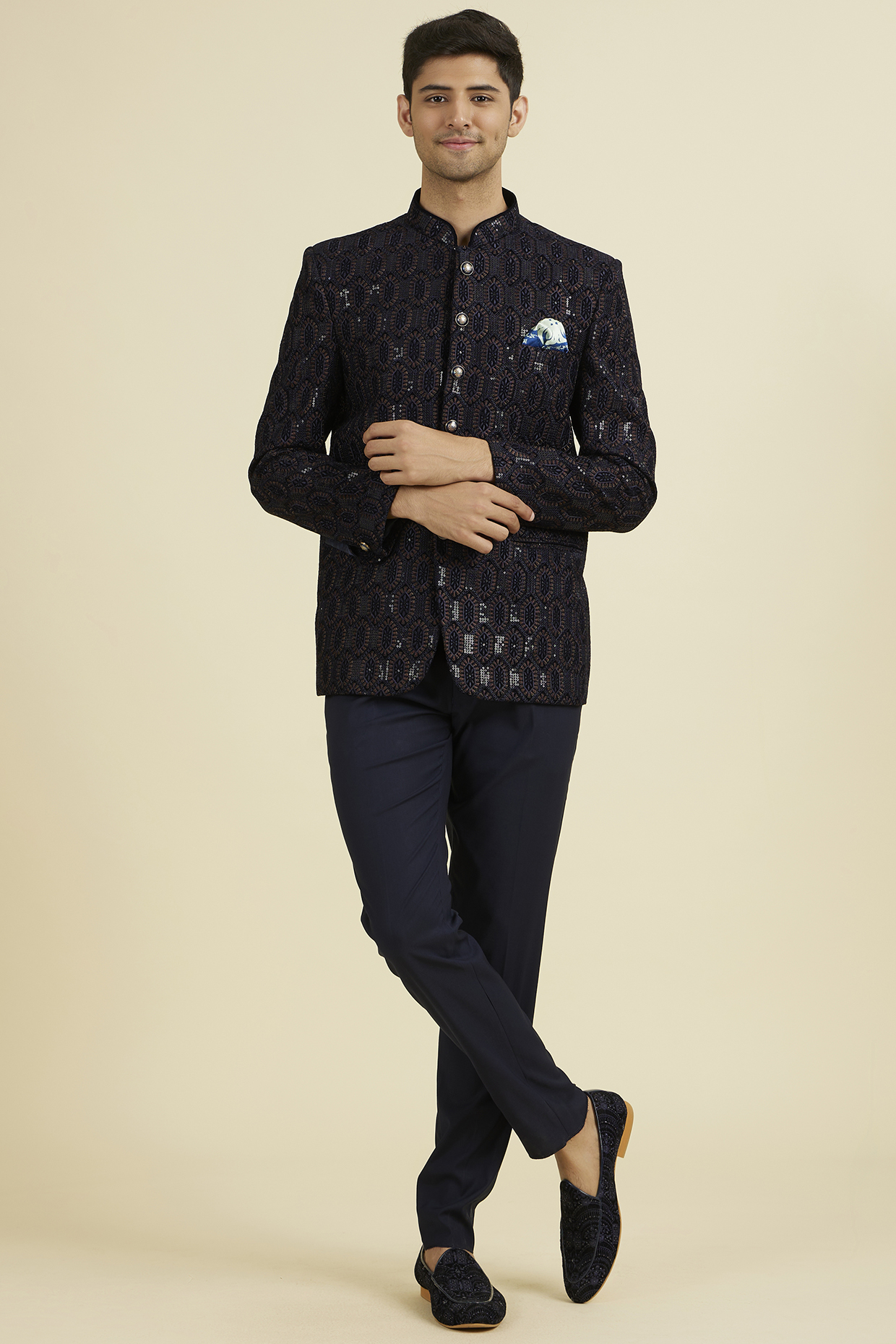 Dark Blue Velvet Sequins Embroidered Jodhpuri Set by Manyavar