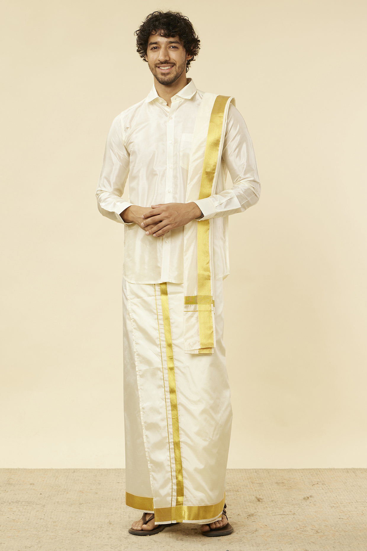Cream Silk Veshti Set by Manyavar