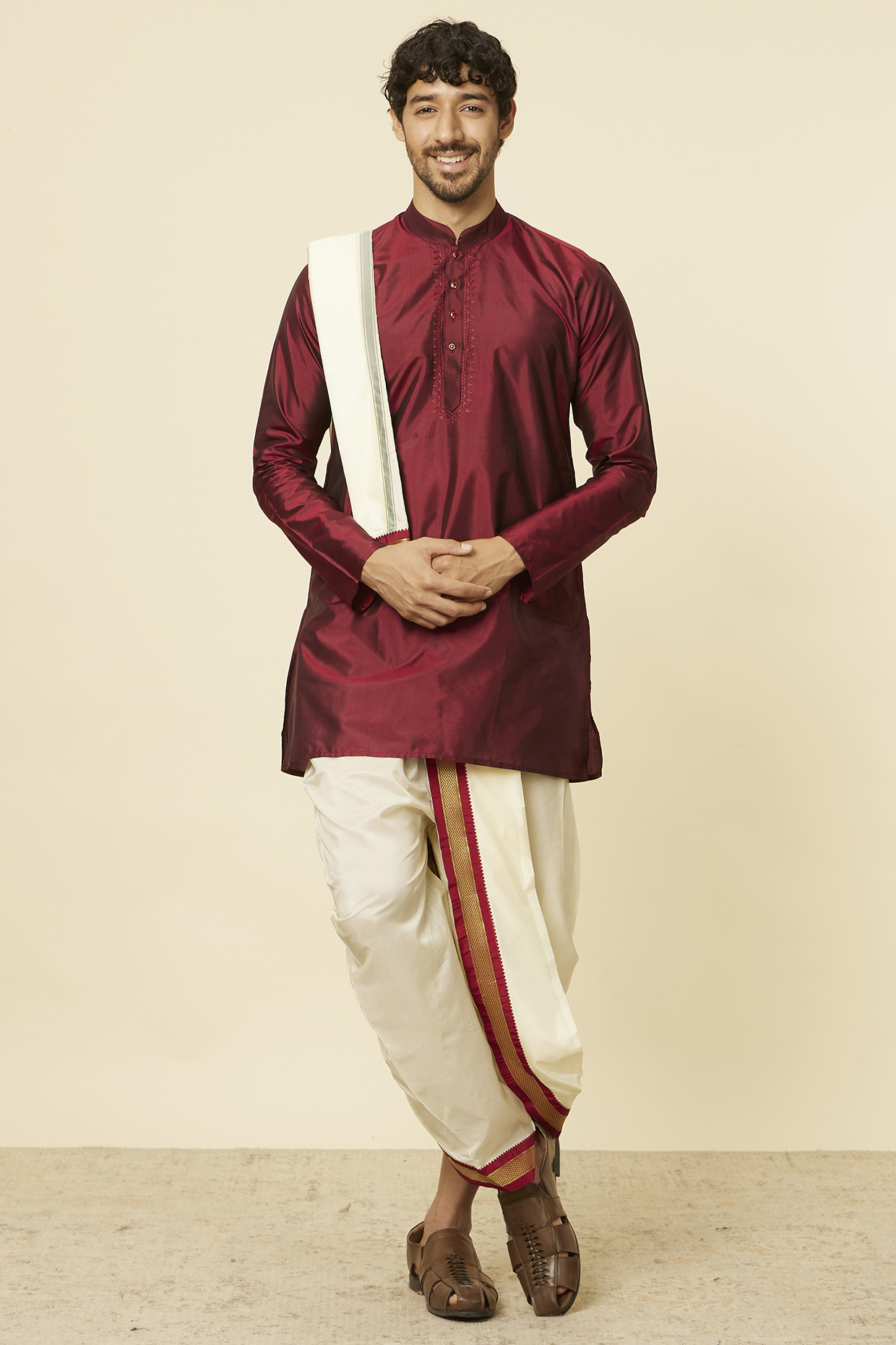 Maroon Silk & Art Silk Embroidered Kurta Set by Manyavar
