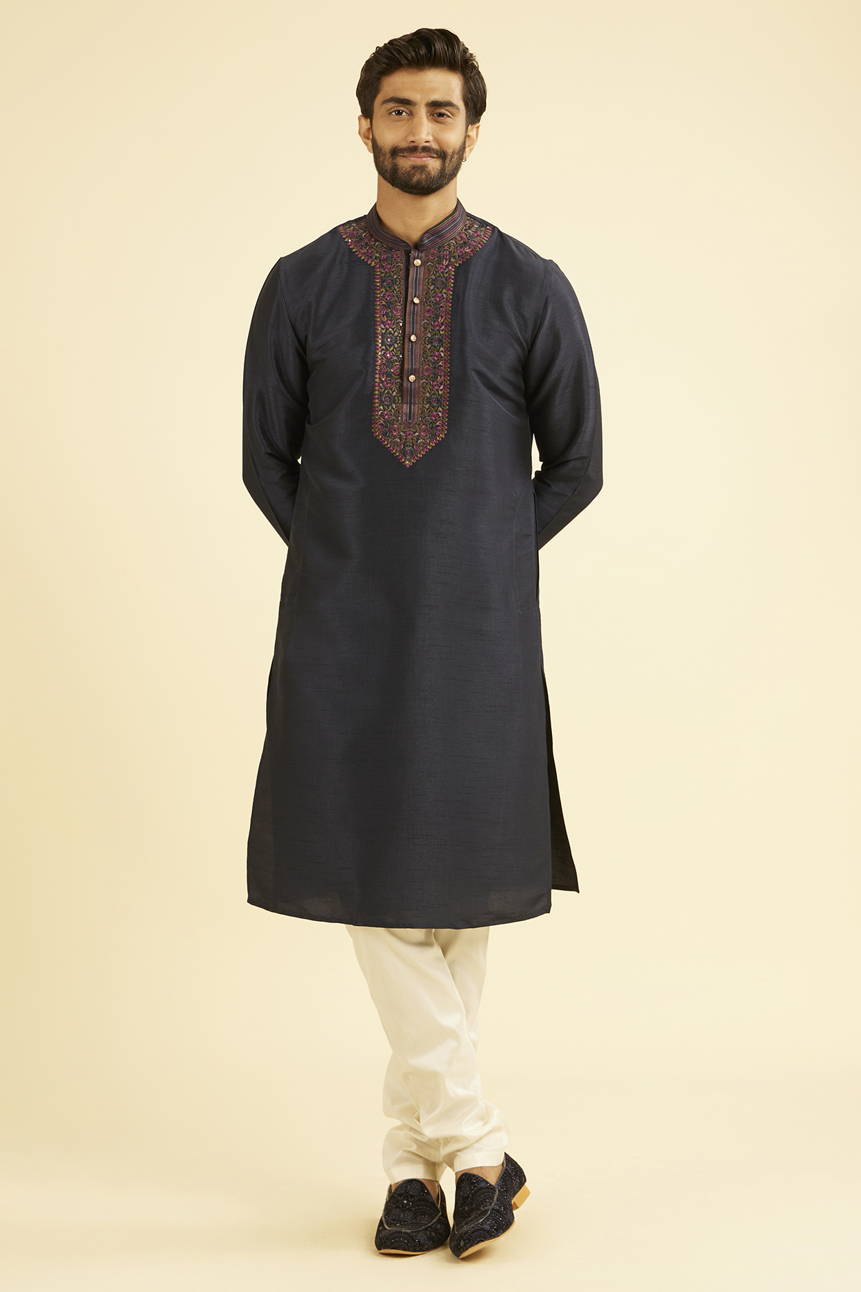 Midnight Blue Art Silk Thread Embroidered Kurta Set by Manyavar