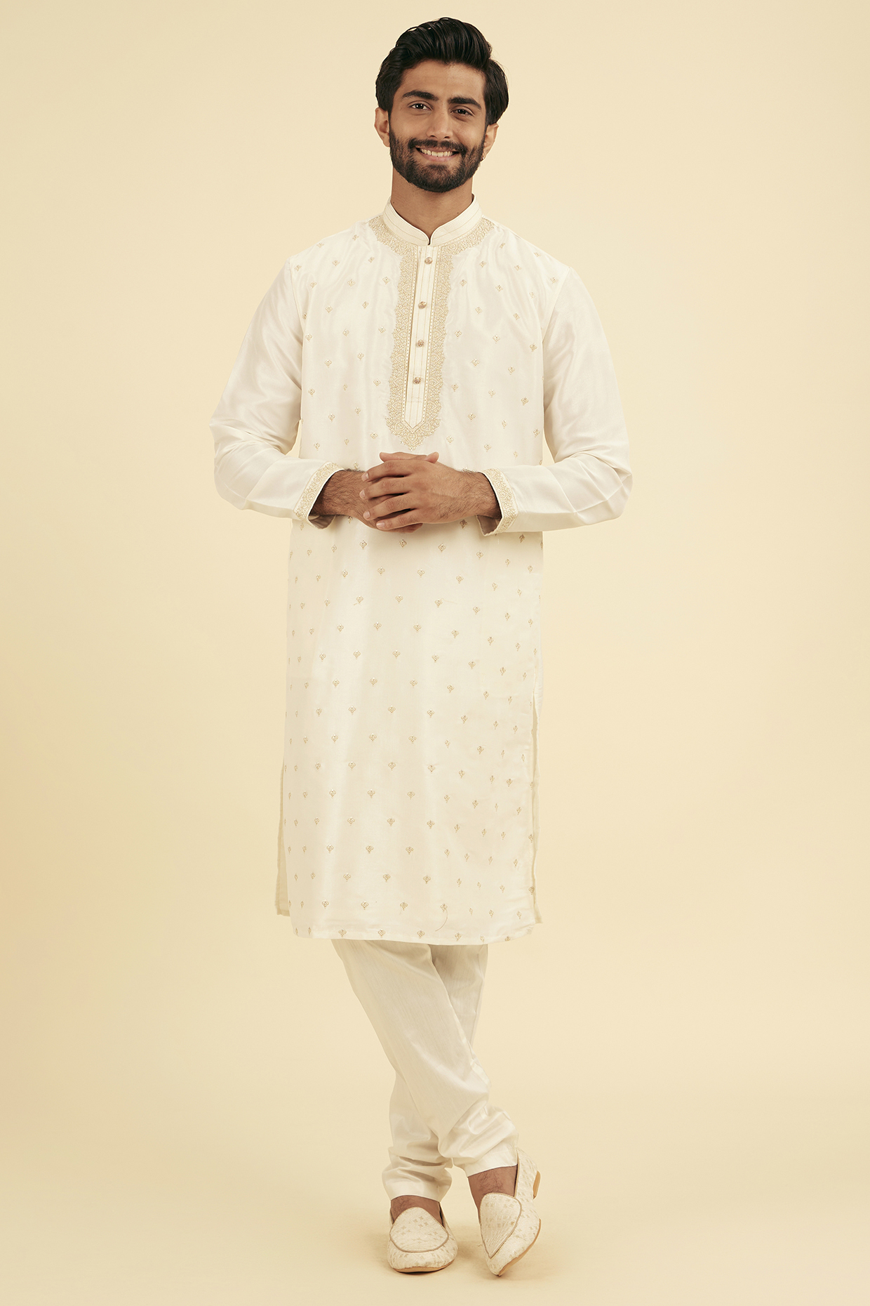 Cream Art Silk Thread Embroidered Kurta Set by Manyavar
