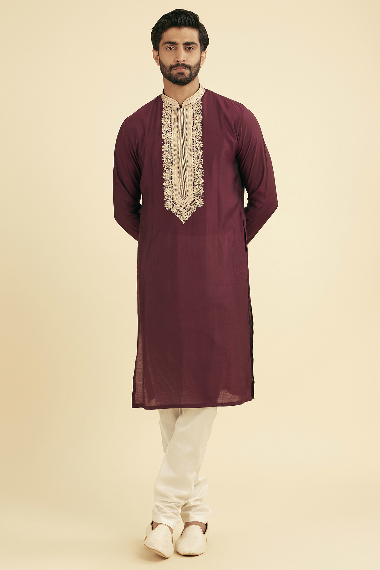 Wine Viscose Blend Thread Embroidered Kurta Set by Manyavar