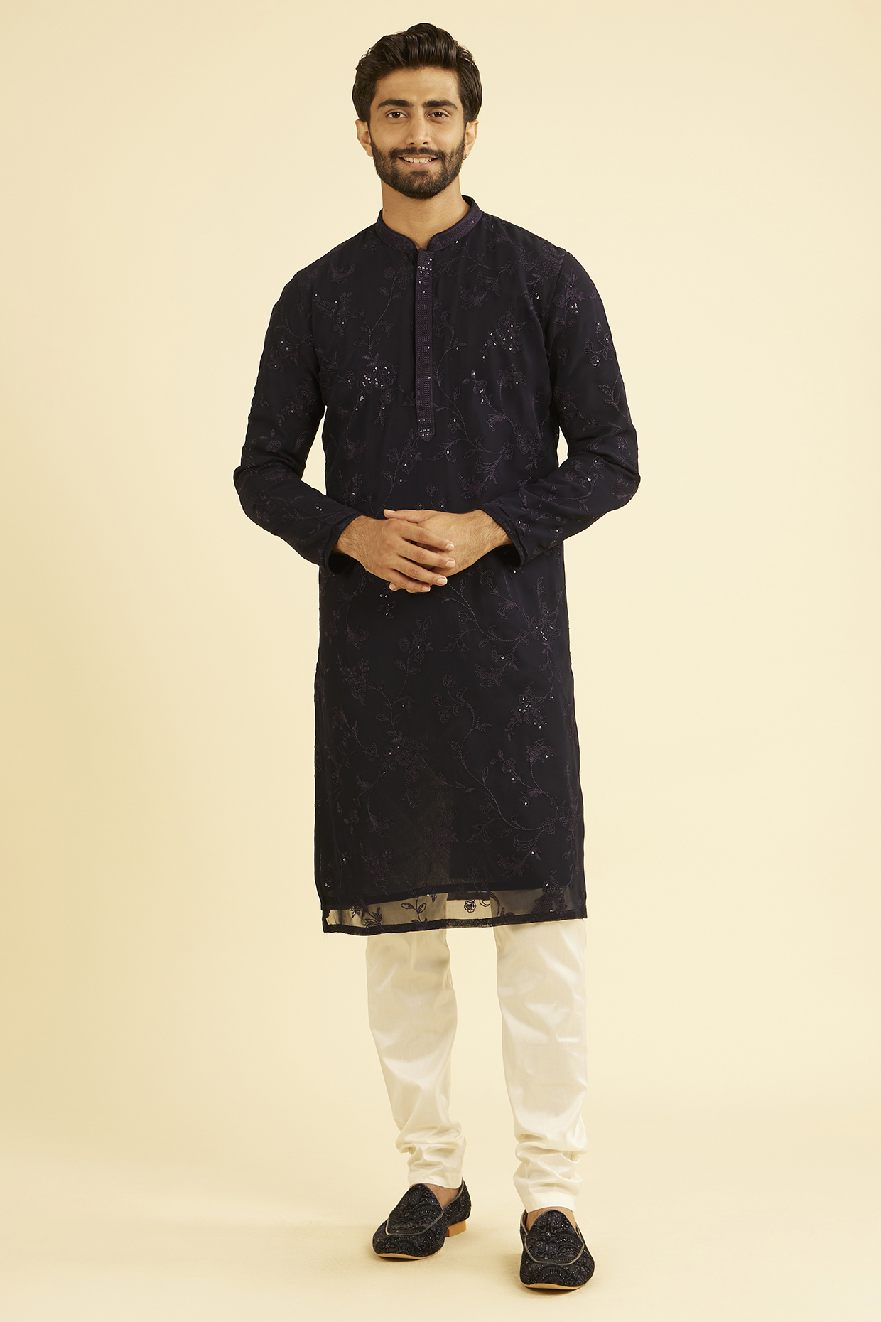 Dark Blue Chiffon Thread Embroidered Kurta Set by Manyavar