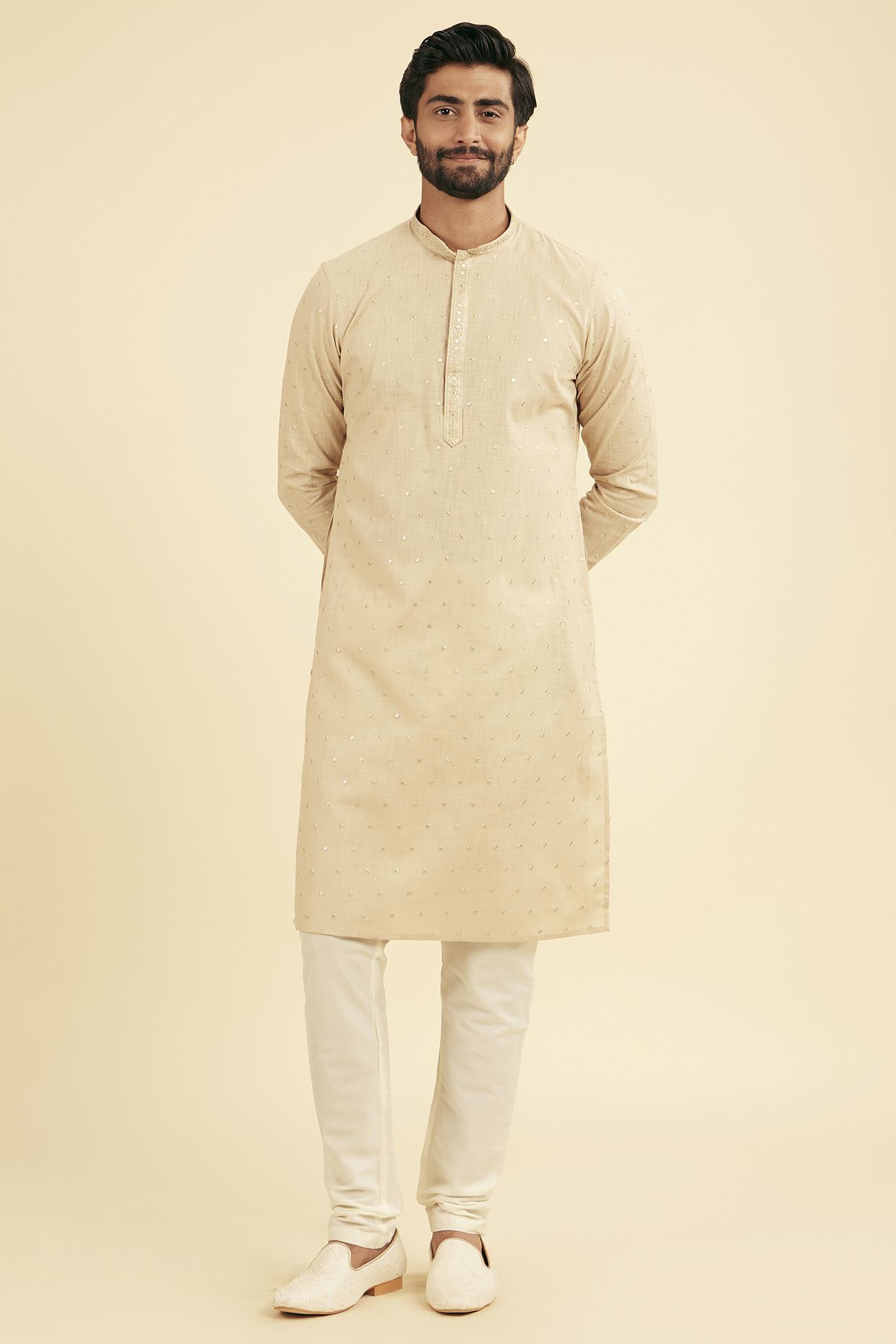 Beige Cotton Blend Sequins Embroidered Kurta Set by Manyavar