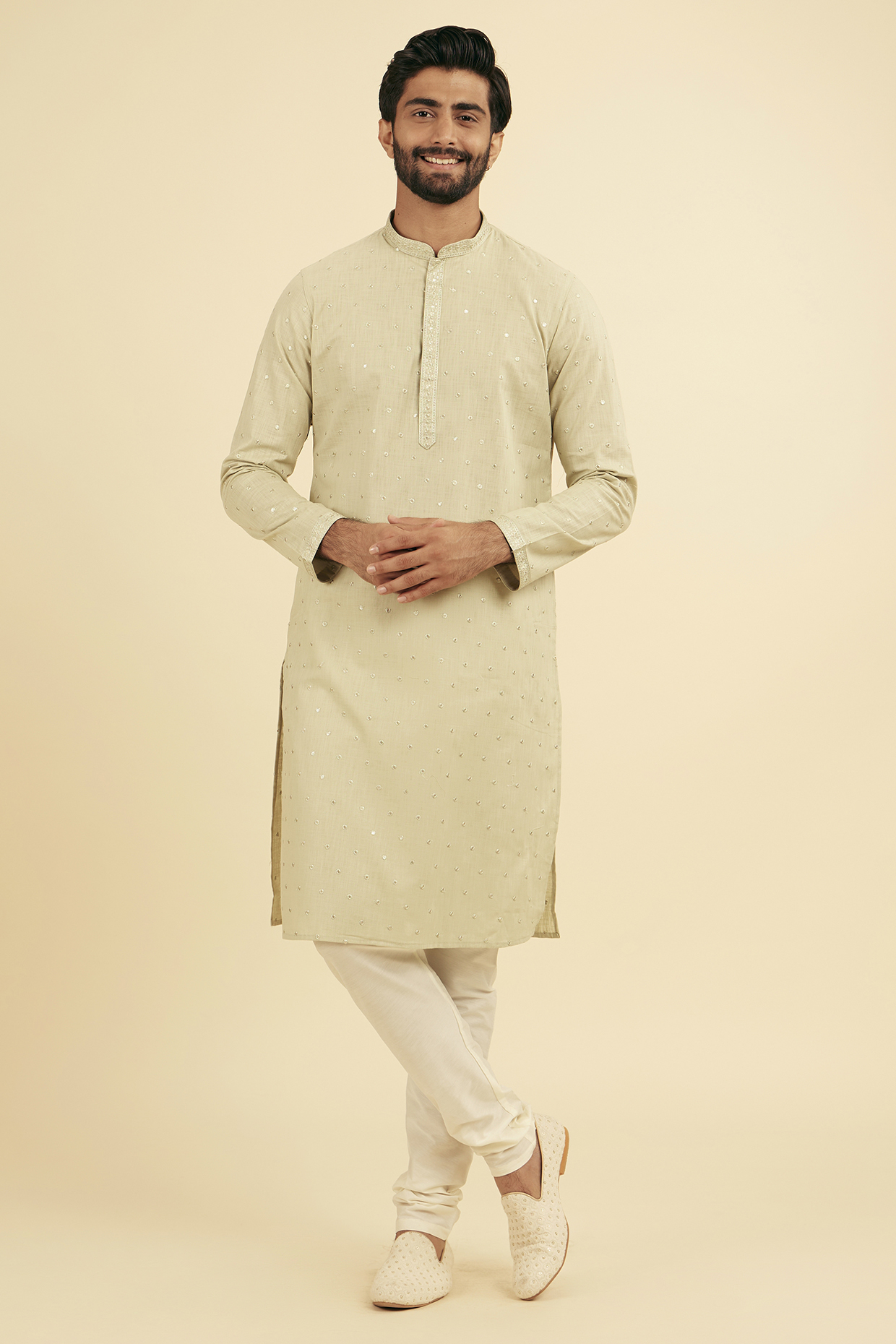 Light Green Cotton Blend Sequins Embroidered Kurta Set by Manyavar
