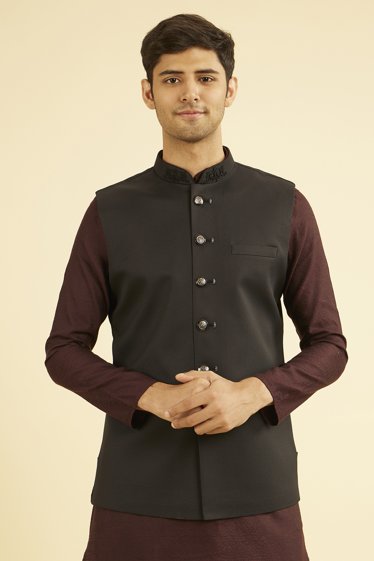 Black Rayon Blend Nehru Jacket by Manyavar