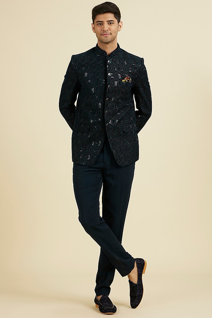 Teal Green Velvet Sequins Embroidered Jodhpuri Set by Manyavar
