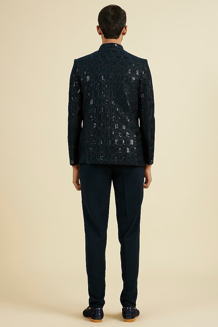 Teal Green Velvet Sequins Embroidered Jodhpuri Set by Manyavar at Pernia's Pop Up Shop